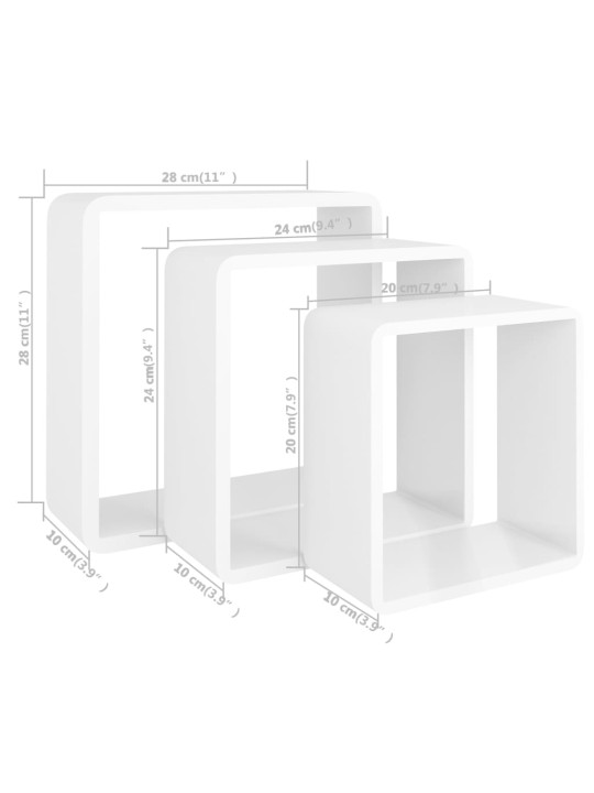 Kuubikukujulised riiulid, 3 tk, valge, mdf