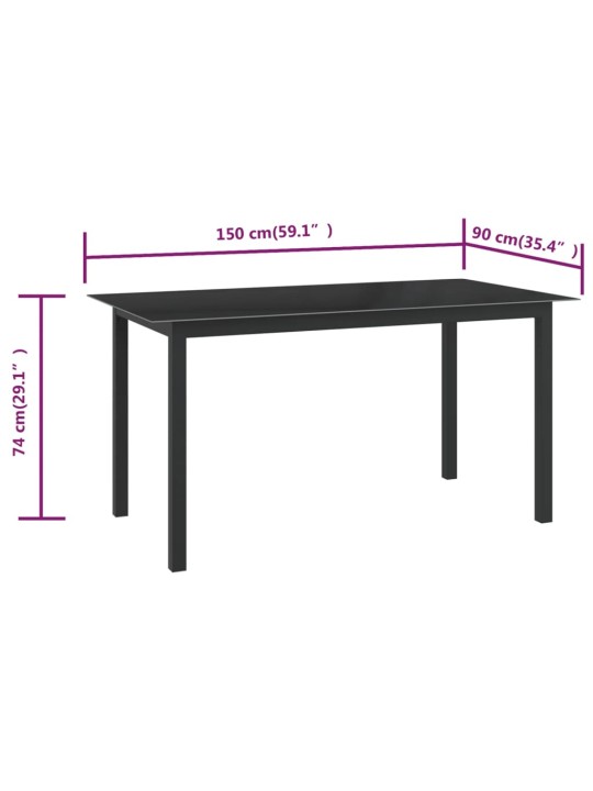 Aialaud, must, 150 x 90 x 74 cm, alumiinium ja klaas