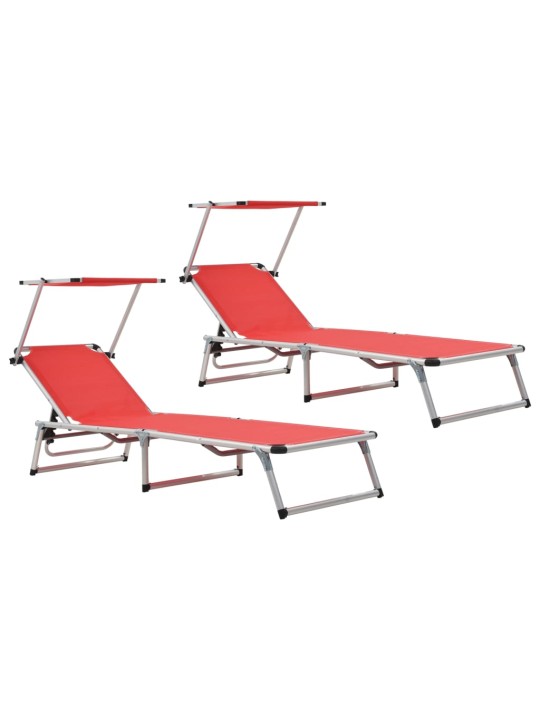 312459 folding sun loungers with roof 2 pcs aluminium&textilene red