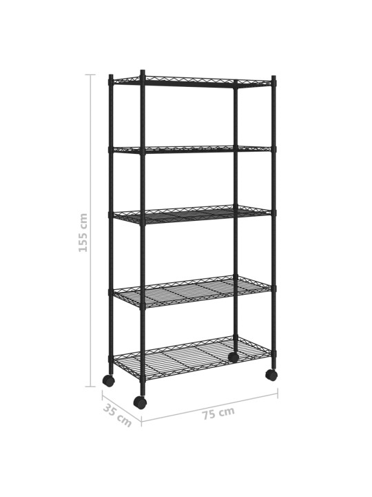 5-tasandiline hoiuriiul ratastega, 75x35x155 cm, must, 250 kg