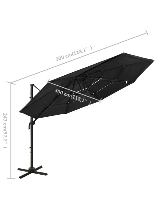 4-realine päikesevari alumiiniumpostiga, must, 3 x 3 m