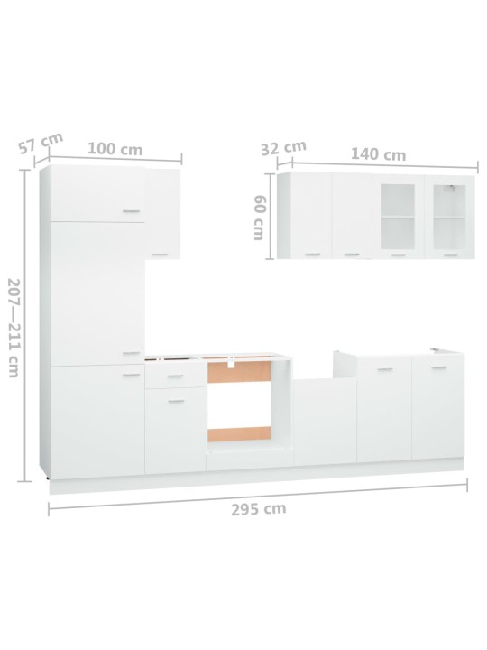 8-osaline köögikapi komplekt, valge, puitlaastplaat