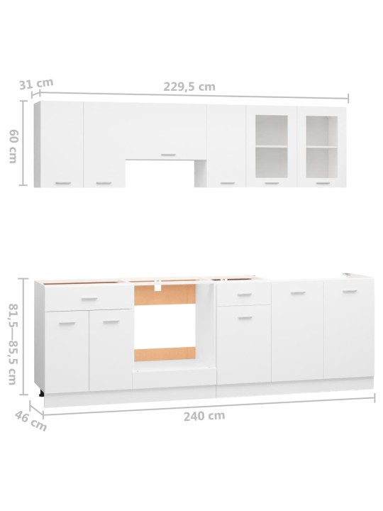 8-osaline köögikapi komplekt, valge, puitlaastplaat