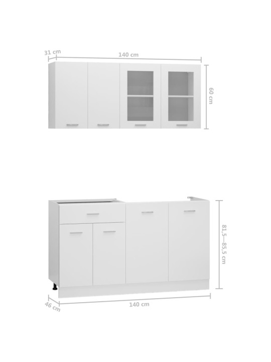4-osaline köögikapi komplekt, valge, puitlaastplaat