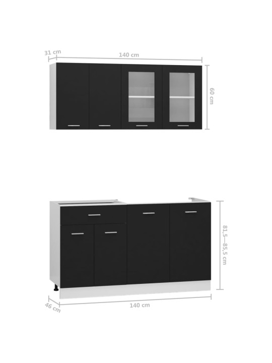 4-osaline köögikapi komplekt, must, puitlaastplaat