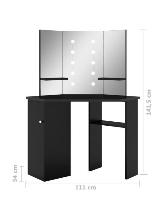 Nurga tualettlaud LED-tulega, must, 111 x 54 x 141,5 cm