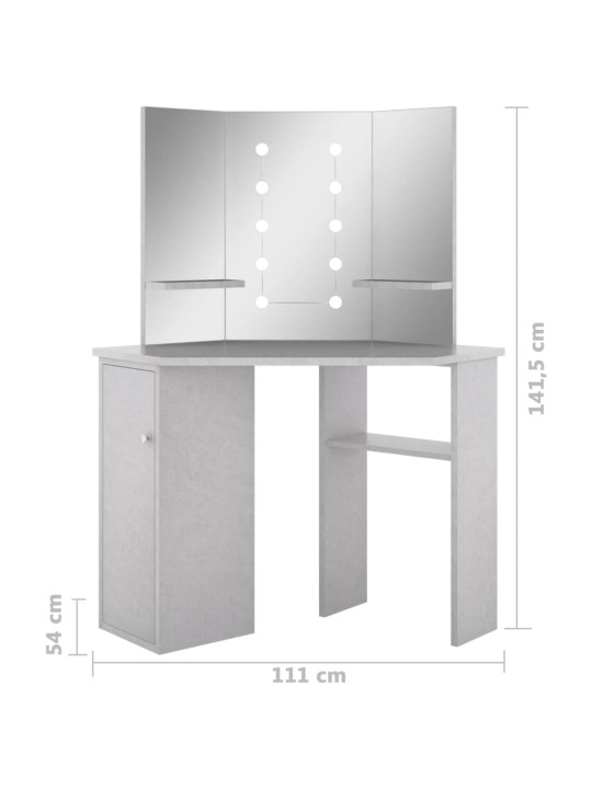 Nurga tualettlaud LED-tulega, betoonhall, 111 x 54 x 141,5 cm