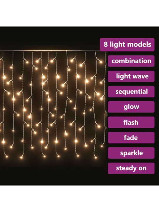 LED-valguskardin, 10 m, 400 LEDi, soe valge, 8 funktsiooni