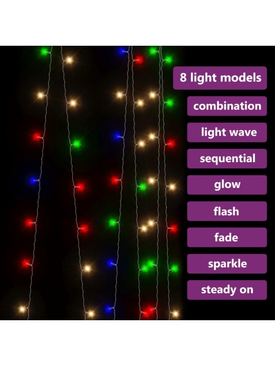 LED-tuledest kardin, 3x3 m, 300 LEDi, värviline, 8 funktsiooni