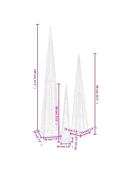 Akrüülist led valguskoonusekomplekt, soe valge 60/90/120 cm