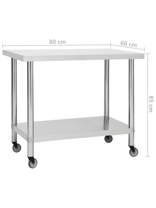 Köögi töölaud ratastega, 80x60x85 cm, roostevaba teras