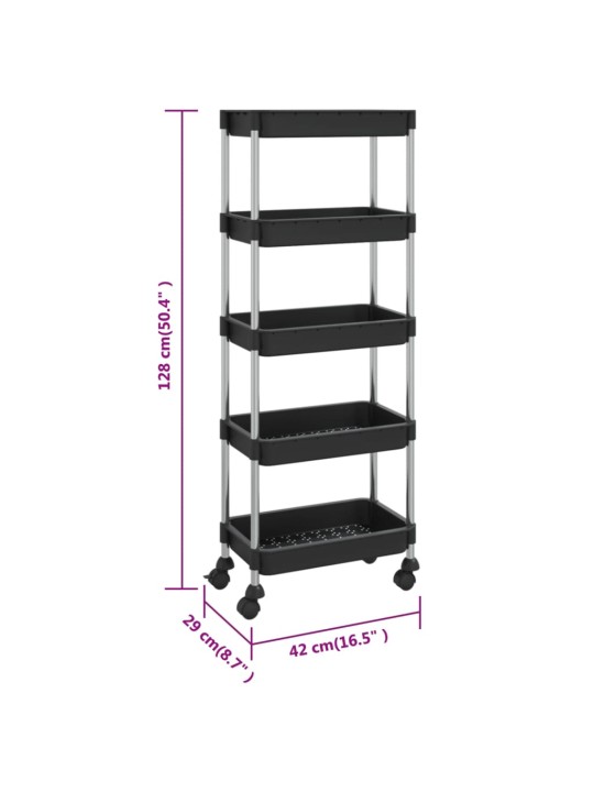 5-korruseline köögikäru, must, 42x29x128 cm, raud ja abs