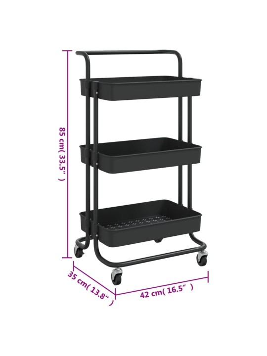 3-korruseline köögikäru, must, 42x35x85 cm, raud ja abs
