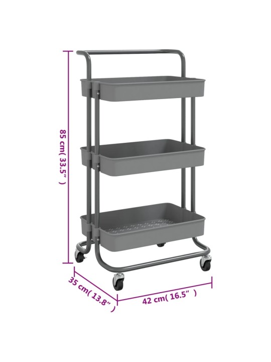 3-korruseline köögikäru, hall, 42x35x85 cm, raud ja abs