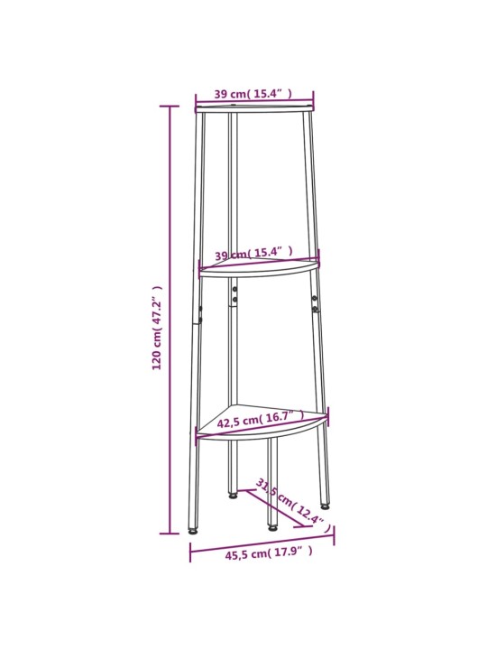 3 riiuliga nurgariiul, tumepruun ja must, 45,5 x31,5 x 120 cm