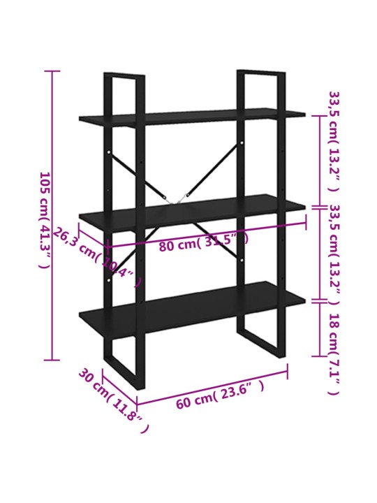 Raamaturiiul, must 80 x 30 x 105 cm puitlaastplaat