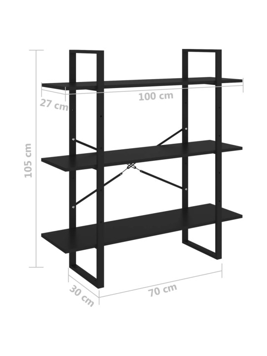 3-korruseline raamaturiiul, 100 x 30 x 105 cm, must, männipuit