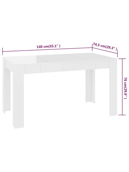 Söögilaud, kõrgläikega valge 140x74,5x76 cm puitlaastplaat