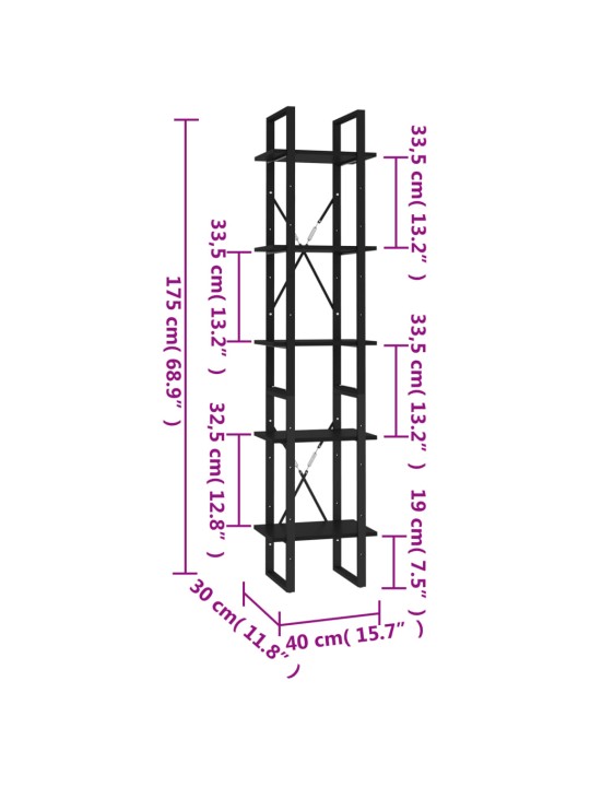 5-korruseline raamaturiiul, 40x30x175 cm, tehispuit