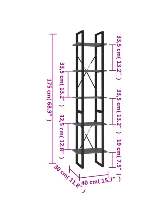 5-korruseline raamaturiiul, hall, 40x30x175 cm, tehispuit