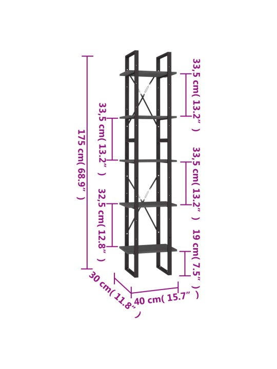 5-korruseline raamaturiiul, hall, 40 x 30 x 175 cm, männipuit