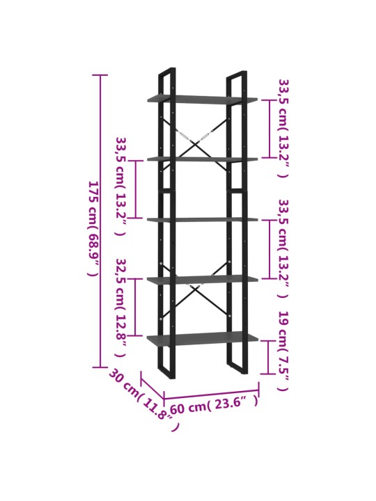 5-korruseline raamaturiiul, hall, 60x30x175 cm, tehispuit