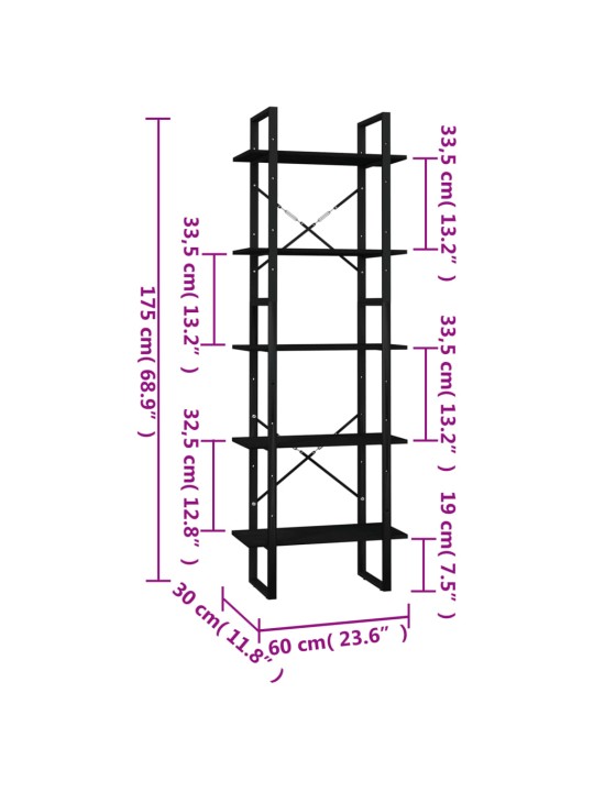 5-korruseline raamaturiiul, must, 60x30x175 cm, männipuit