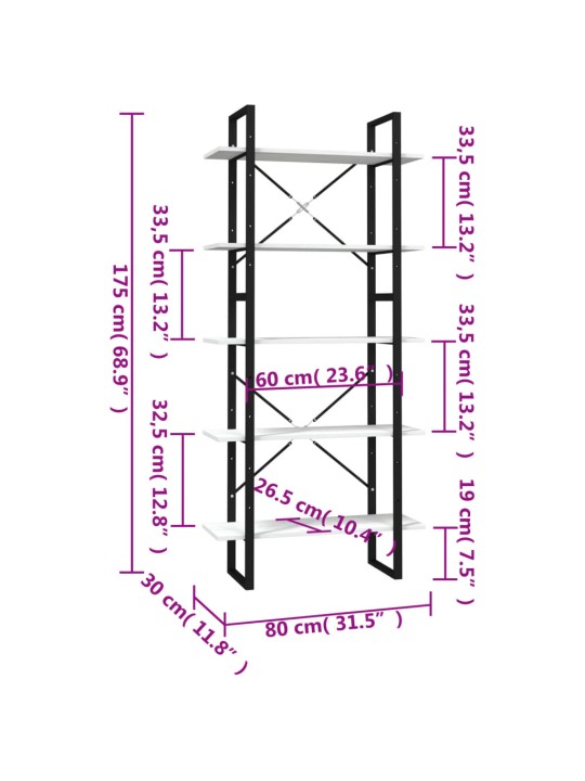 5-korruseline raamaturiiul, valge, 80 x 30 x 175 cm, puitlaastplaat