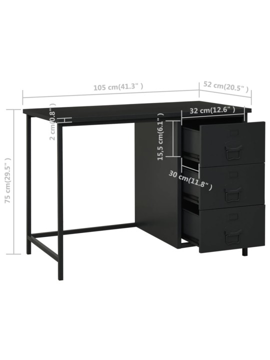 Tööstuslik laud sahtlitega, must, 105 x 52 x 75 cm teras