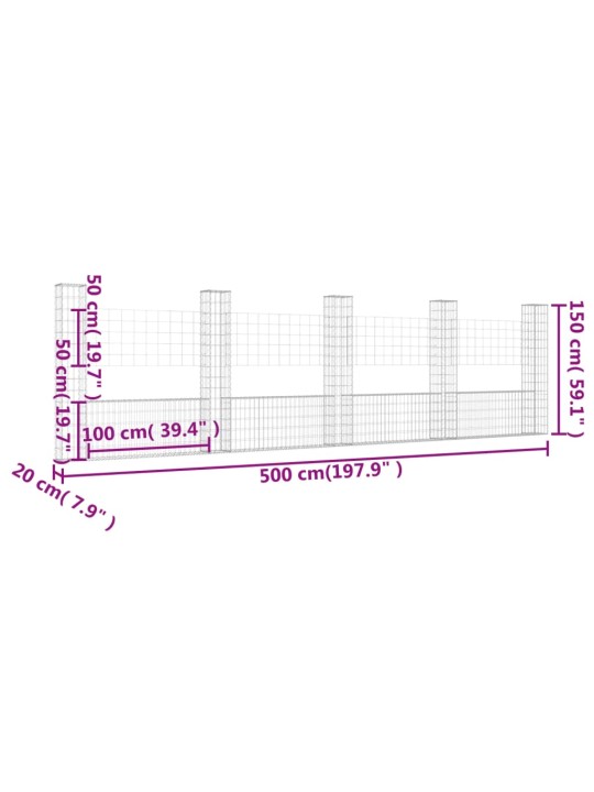 U-kujuline gabioonkorv 5 postiga, raud, 500x20x150 cm