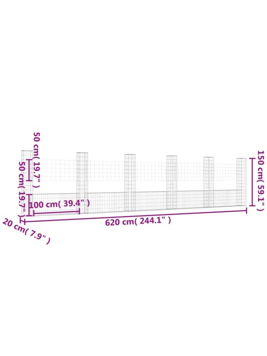 U-kujuline gabioonkorv 6 postiga, raud, 620x20x150 cm