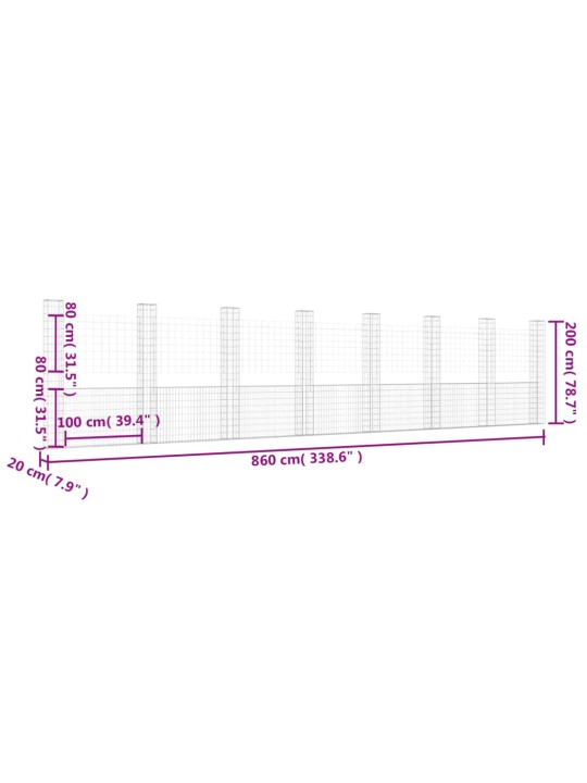 U-kujuline gabioonkorv 8 postiga, raud, 860x20x200 cm