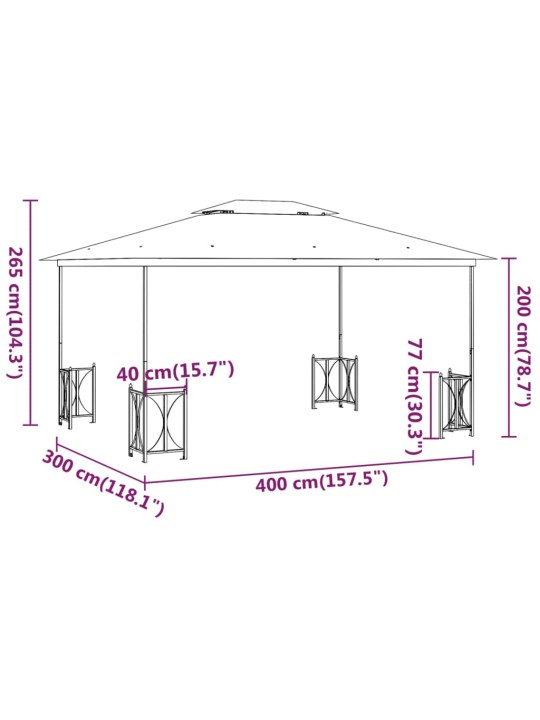 Varjualune külgseinte, kahekordse katusega 3x4 m, pruunikashall