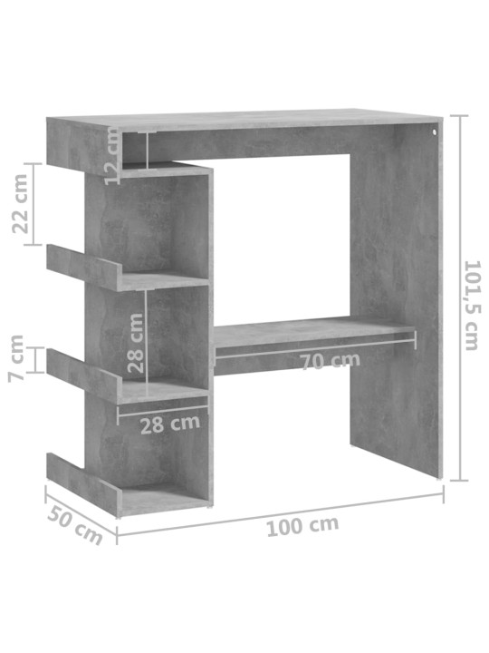 Baarilaud riiuliga, betoonhall, 100x50x101.5cm, puitlaastplaat