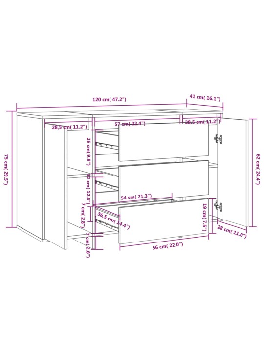 Puhvetkapp 3 sahtliga, betoonhall, 120x41x75 cm puitlaastplaat