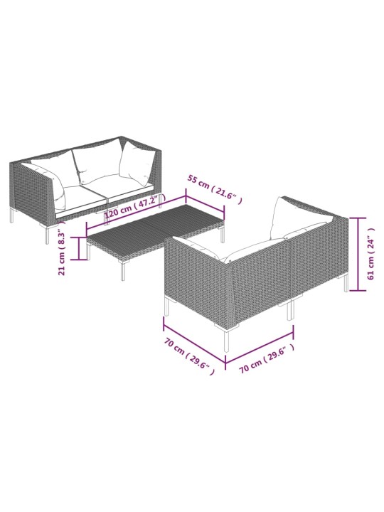 5-osaline aiamööblikomplekt patjadega, polürotang, tumehall