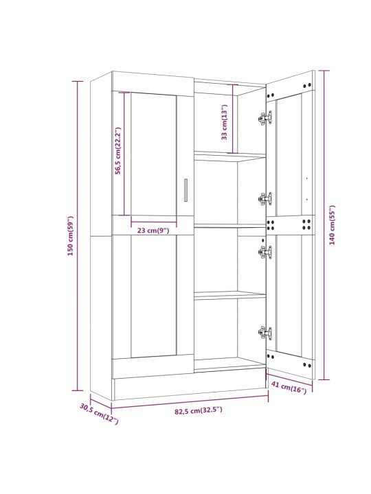 Vitriinkapp, hall sonoma tamm, 82,5x30,5x150 cm, tehispuit