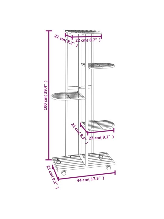 5 tasandiga lillealus ratastel, 44 x 23 x 100 cm, valge raud