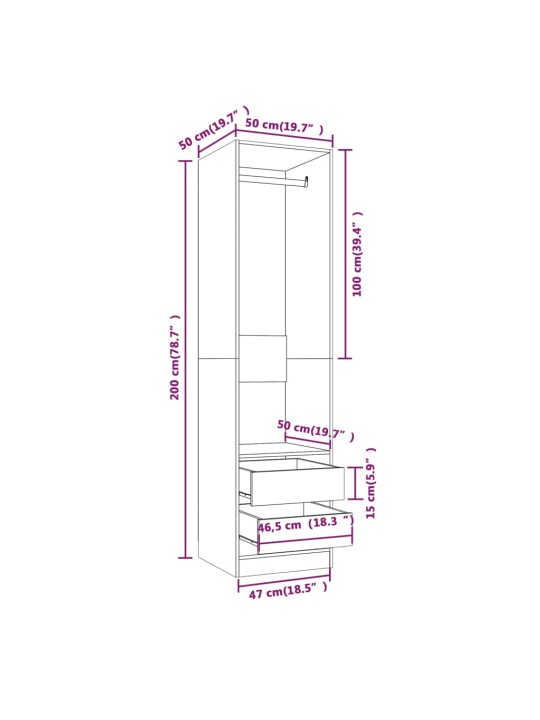 Riidekapp sahtlitega, suitsutatud tamm 50x50x200 cm tehispuit