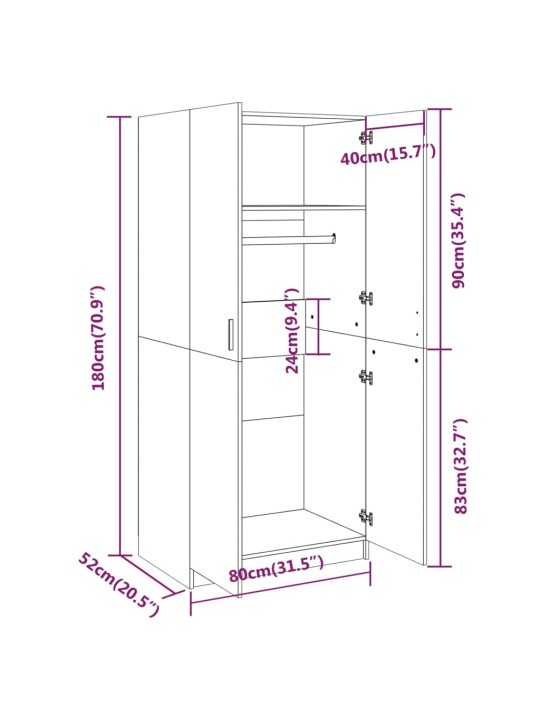 Riidekapp, hall sonoma tamm, 80 x 52 x 180 cm, tehispuit