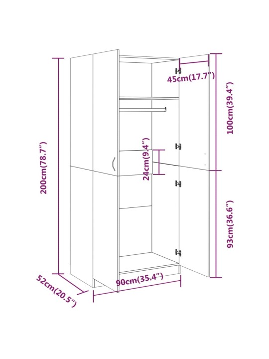 Riidekapp, suitsutatud tamm, 90 x 52 x 200 cm, tehispuit