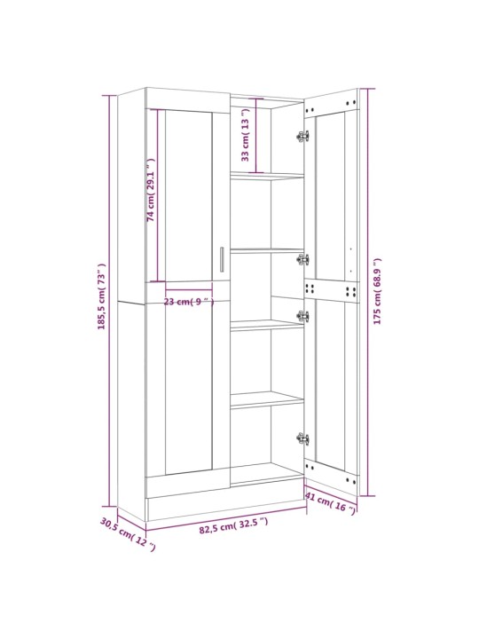 Vitriinkapp, hall sonoma tamm, 82,5x30,5x185,5 cm, tehispuit