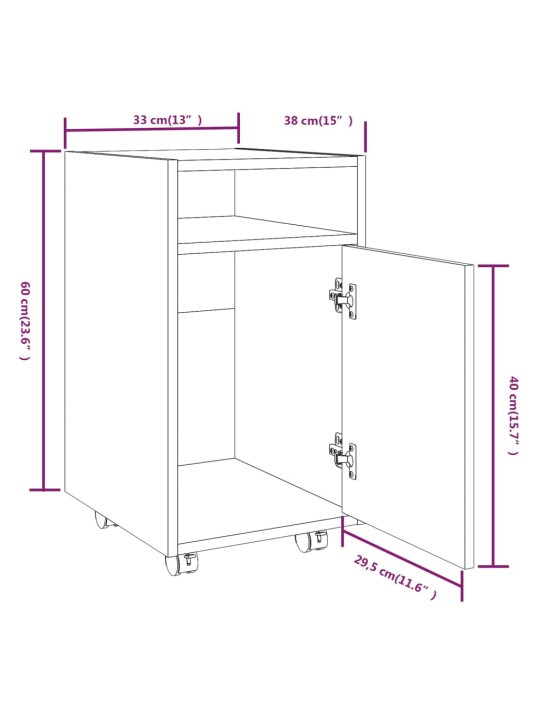 Kummut ratastega, hall sonoma tamm, 33 x 38 x 60 cm, tehispuit