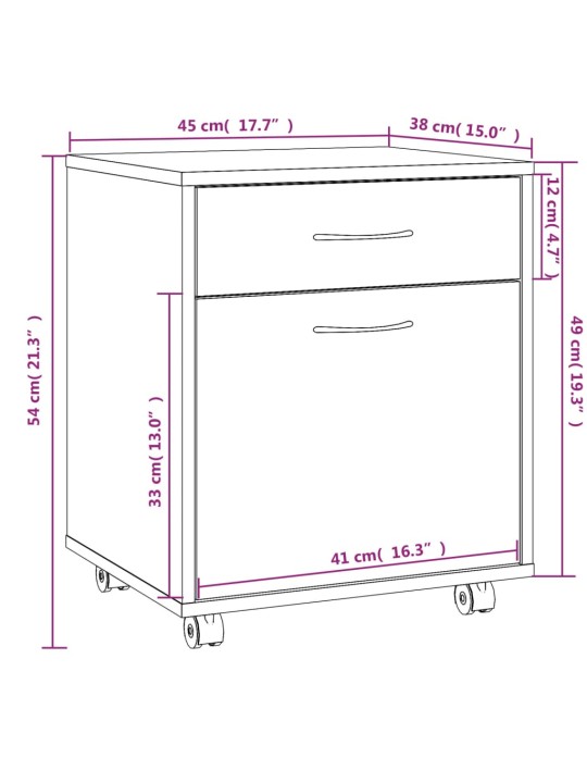 Ratastel kapp, hall sonoma tamm, 45 x 38 x 54 cm, tehispuit