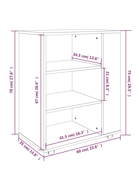 Ratastel kapp, suitsutatud tamm, 60 x 35 x 75 cm, tehispuit