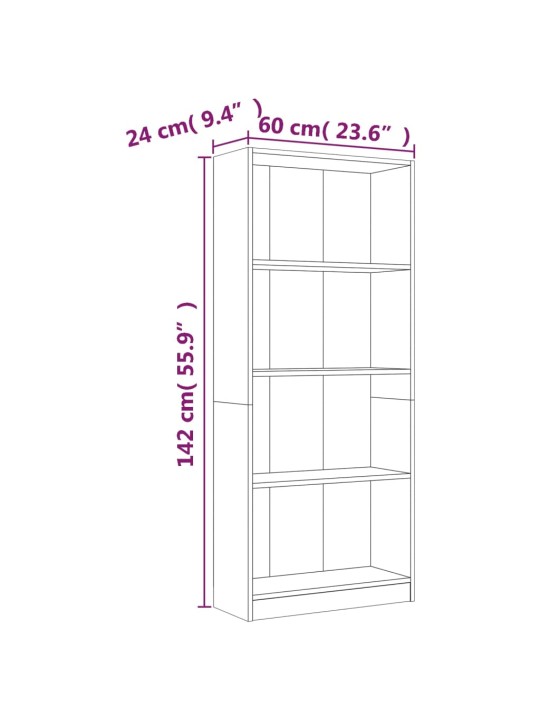 4 riiuliga raamaturiiul, hall sonoma tamm, 60 x 24 x 142 cm