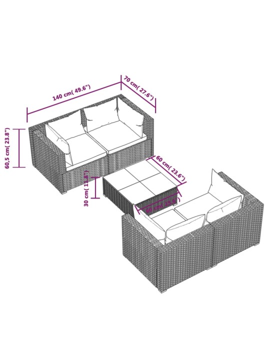 5-osaline aiamööblikomplekt patjadega, polürotang, hall