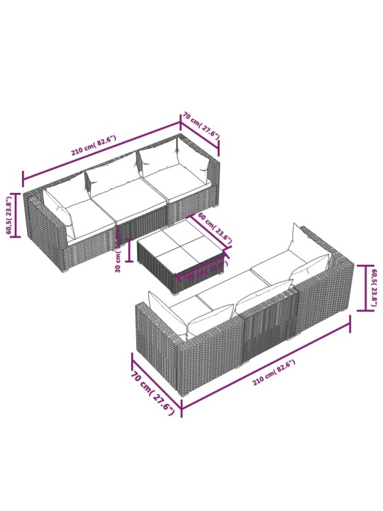 7-osaline aiamööbli komplekt patjadega, hall, polürotang