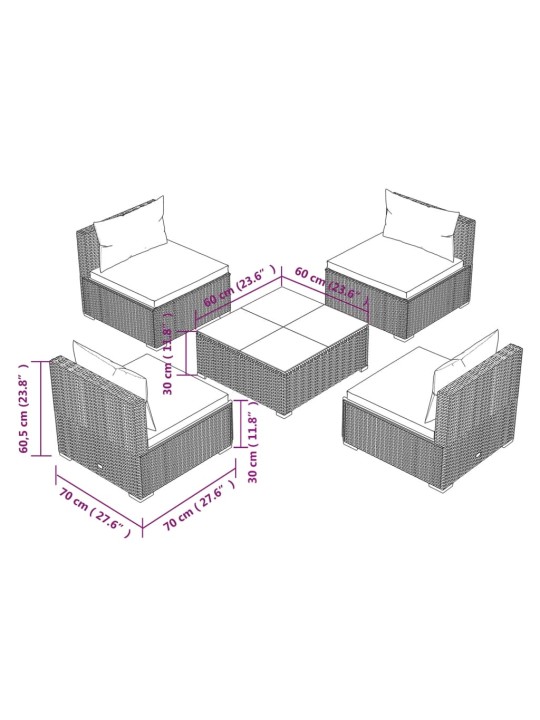 5-osaline aiamööbli komplekt patjadega, polürotang, pruun