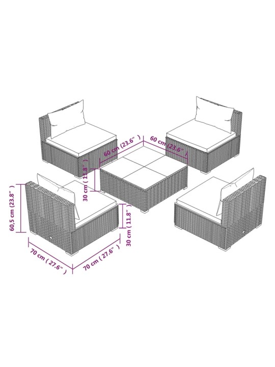 5-osaline aiamööbli komplekt patjadega, polürotang, hall